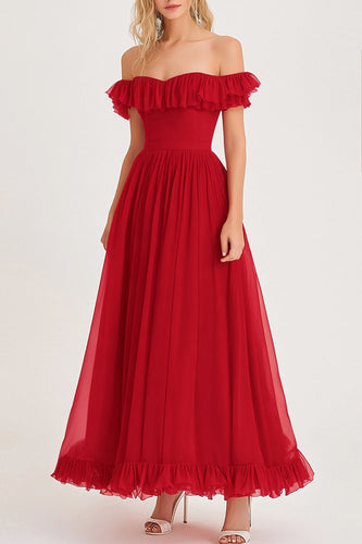 Queendancer Women Red Chiffon A Line Formal Dress Off the Shoulder Ruffled Pleated Long Gala Ball Dress