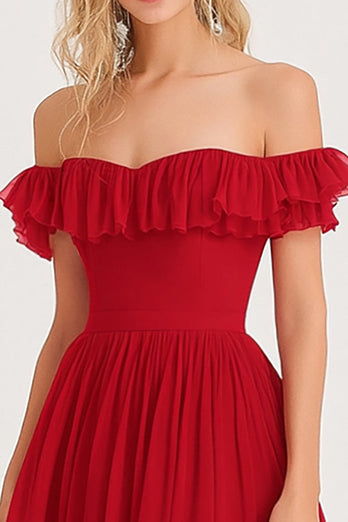 Red Off the Shoulder Chiffon A Line Long Formal Dress with Ruffled