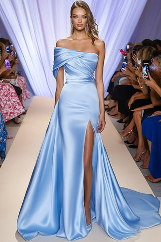 Queendancer Women Light Blue Satin Formal Dress with Slit Mermaid One Shoulder Ruched Sweep Train Gla Ball Dress