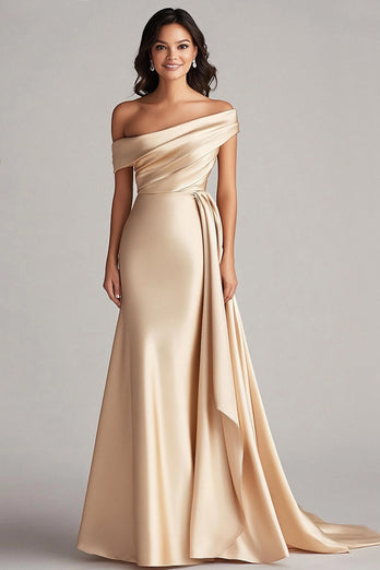 Queendancer Women Champagne Satin Formal Dress with Side Cape Mermaid Off the Shoulder Ruched Sweep Train Gla Ball Dress