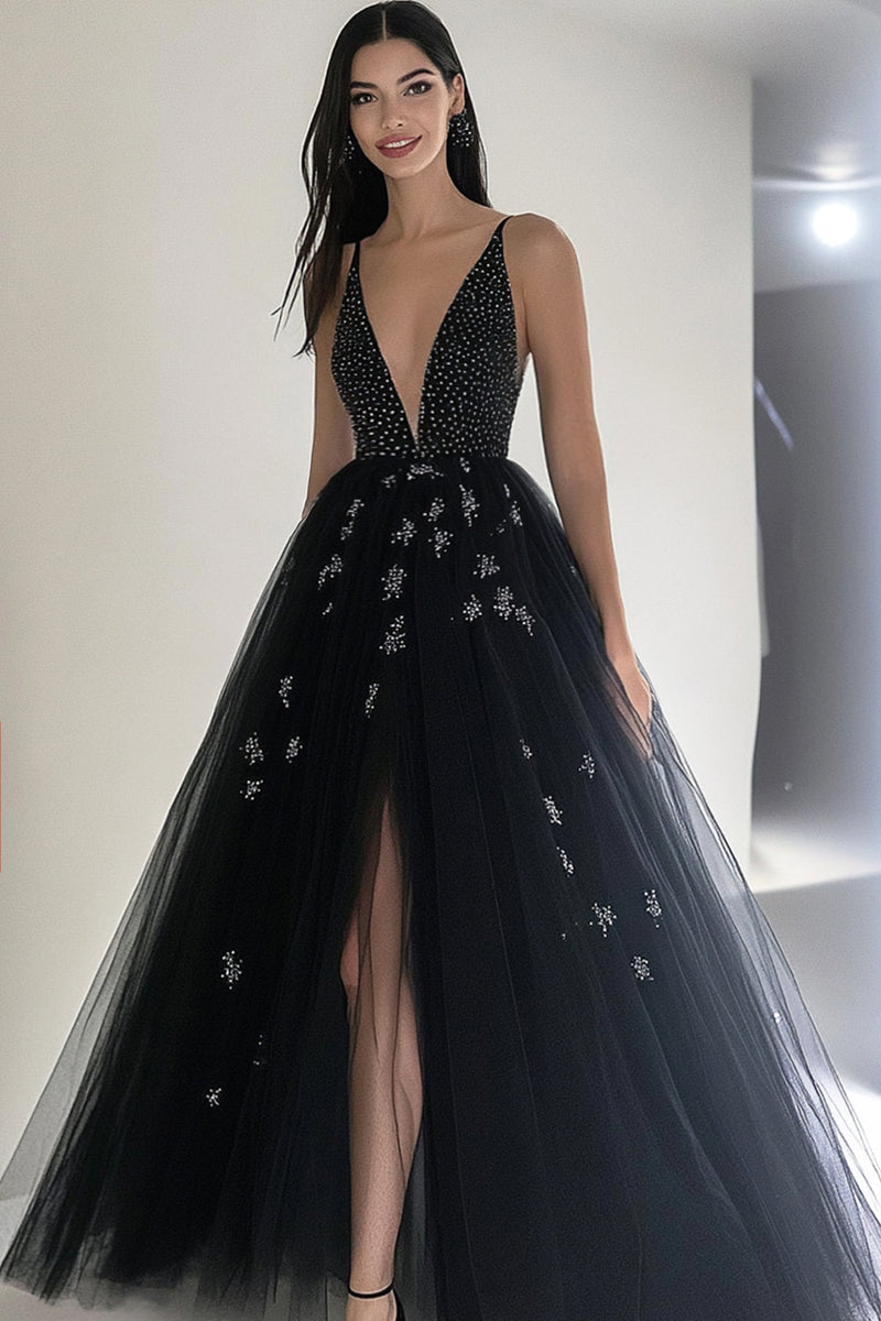 Load image into Gallery viewer, Queendancer Women Sparkly Black Tulle Formal Dress with Slit Ball Gown V-Neck Beaded Long Prom Dress