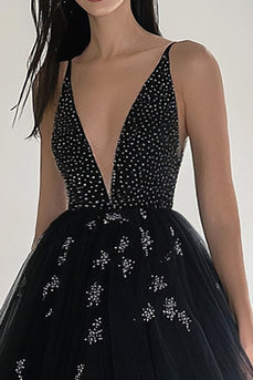 Sparkly Black Ball Gown V-Neck Beaded Long Formal Dress with Slit