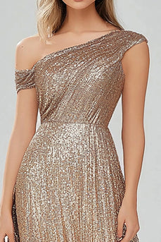 Sparkly Golden Sequin A Line Asymmetrical Long Formal Dress