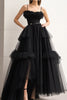 Load image into Gallery viewer, Queendancer Women Black Tulle Formal Dress with Slit A Line Spaghetti Straps Ruffled Long Prom Dress