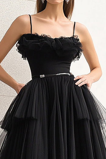 Black Spaghetti Straps A Line Long Formal Dress with Slit