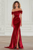 Load image into Gallery viewer, Queendancer Women Burgundy Velvet Formal Dress with Slit Mermaid Off the Shoulder Ruched Sweep Train Military Ball Dress