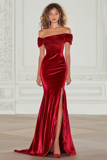 Queendancer Women Burgundy Velvet Formal Dress with Slit Mermaid Off the Shoulder Ruched Sweep Train Military Ball Dress