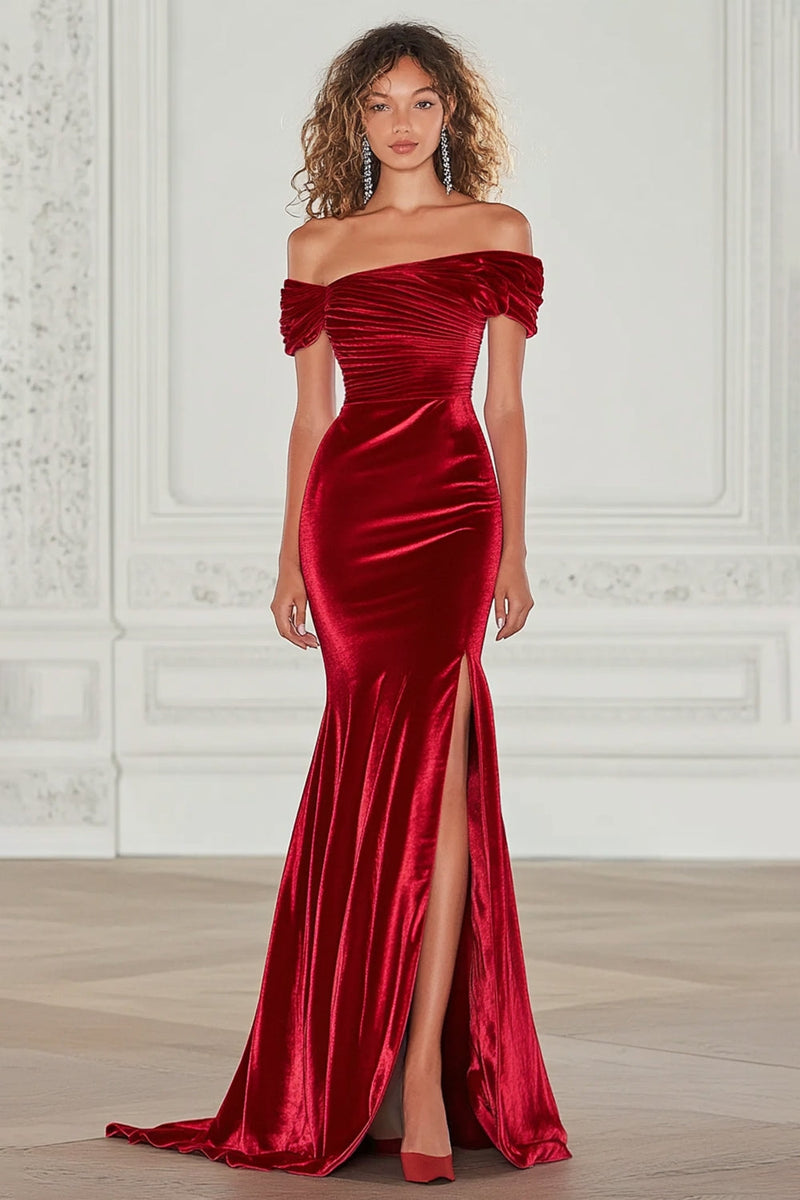 Load image into Gallery viewer, Queendancer Women Burgundy Velvet Formal Dress with Slit Mermaid Off the Shoulder Ruched Sweep Train Military Ball Dress