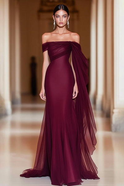 Queendancer Women Cabernet Formal Dress Sheath Off the Shoulder Cape Long Military Ball Dress