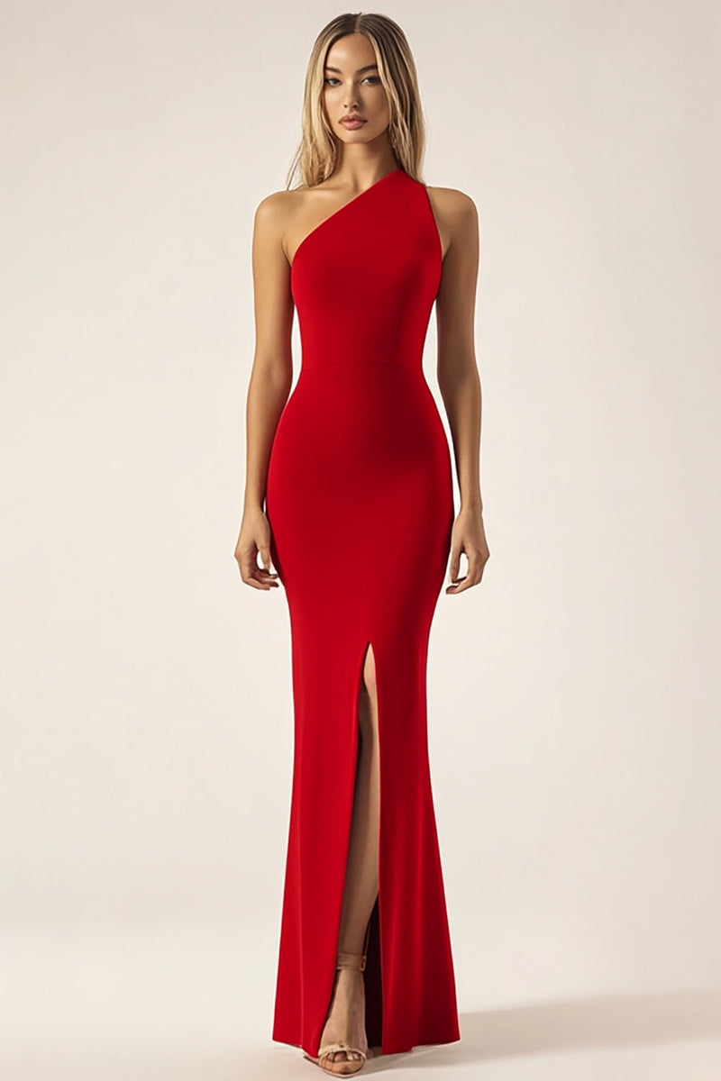 Load image into Gallery viewer, Queendancer Women Red Satin Formal Dress with Slit Sheath One Shoulder Floor Length Military Ball Dress