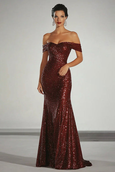 Queendancer Women Prom Dress Sparkly Burgundy Sequin Formal Dress Mermaid Off the Shoulder Floor Length Military Dress