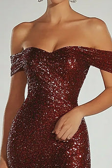 Sparkly Burgundy Off the Shoulder Sequin Floor Length Formal Dress