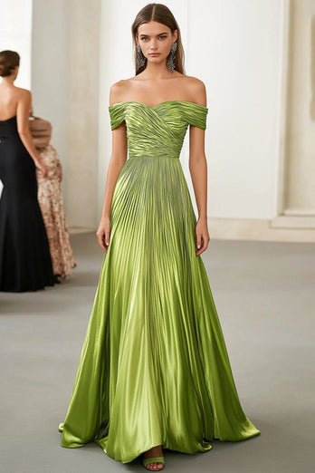 Queendancer Women Green Prom Dress Pleated Ruched Formal Dress A Line Off the Shoulder Floor Length Military Dress