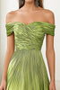 Load image into Gallery viewer, Green A Line Pleated Off the Shoulder Long Formal Dress