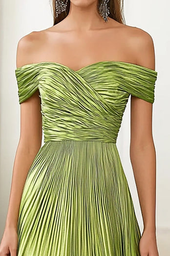 Green A Line Pleated Off the Shoulder Long Formal Dress