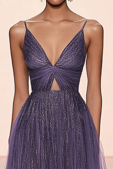 A Line Grey Purple Tulle Glitter Long Formal Dress