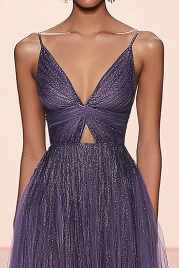 A Line Grey Purple Tulle Glitter Long Formal Dress