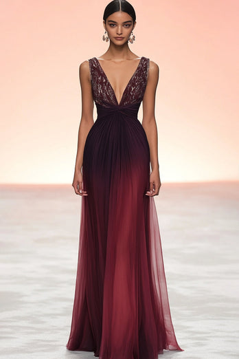 Sparkly Burgundy V-Neck A Line Long Formal Dress