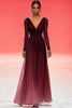 Load image into Gallery viewer, Burgundy V-Neck A Line Formal Dress with Long Sleeves