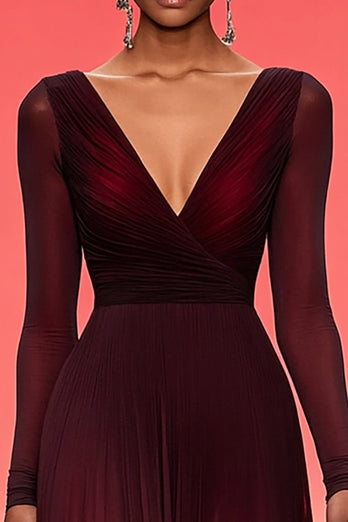 Burgundy V-Neck A Line Formal Dress with Long Sleeves