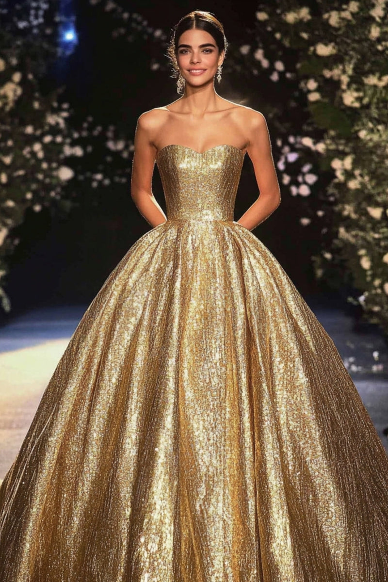 Load image into Gallery viewer, Sparkly Gold Ball Gown Strapless Floor Length Formal Dress