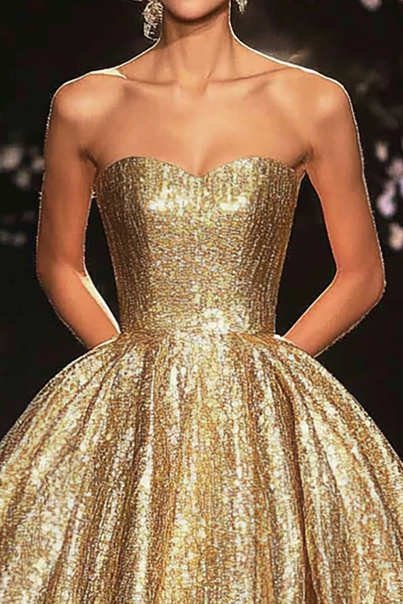 Load image into Gallery viewer, Sparkly Gold Ball Gown Strapless Floor Length Formal Dress