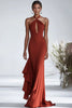 Load image into Gallery viewer, Terracotta Sheath Halter Chiffon Long Formal Dress with Slit