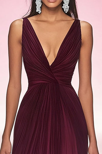 Cabernet A Line V-Neck Pleated Long Formal Dress