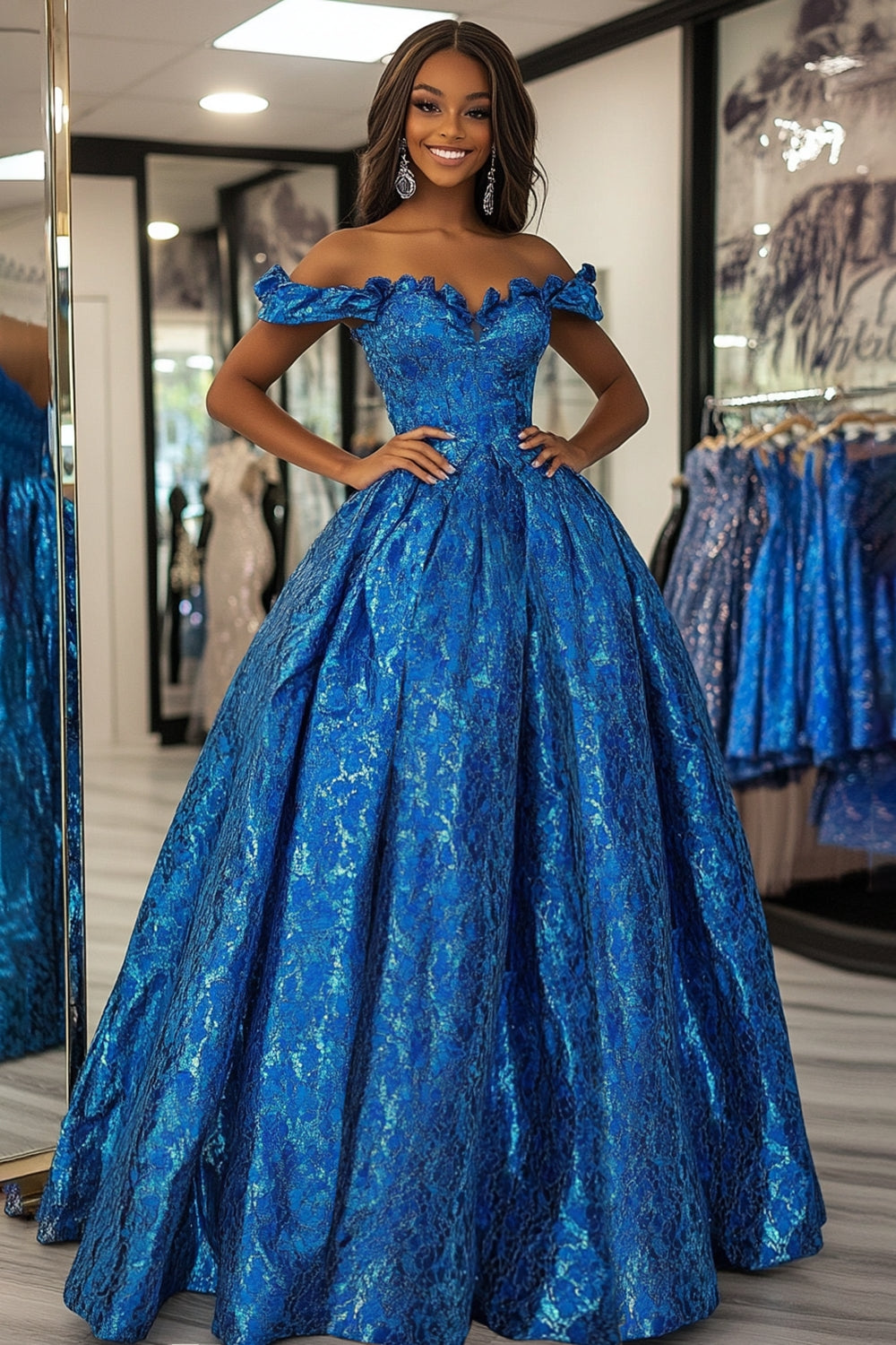 Royal Blue Ball Gown Floral Off the Shoulder Long Prom Dress