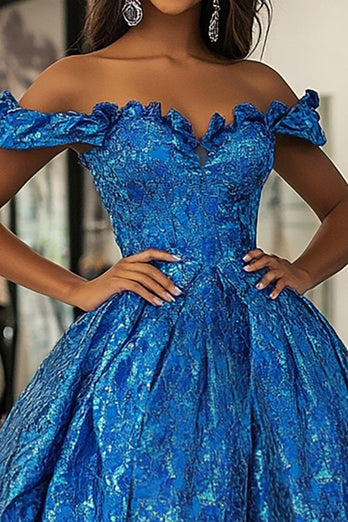 Royal Blue Ball Gown Floral Off the Shoulder Long Prom Dress