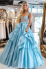 Load image into Gallery viewer, Ball Gown Sky Blue Corset Long Prom Dress with Lace