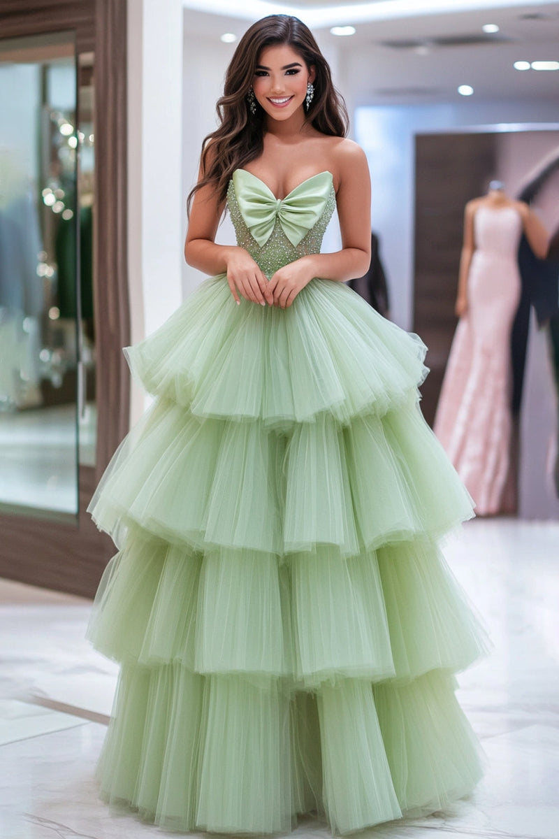 Load image into Gallery viewer, Ball Gown Tulle Dusty Sage Strapless Floor Length Prom Dress