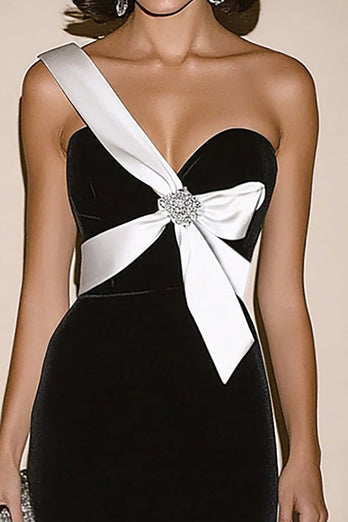 One Shoulder Black White Sheath Floor Length Formal Dress with Slit