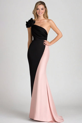 Sheath Satin Black Blush One Shoulder Formal Dress with Flowers