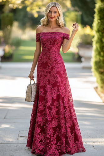 Elegant Burgundy Off The Shoulder Lace Mother of the Bride Dress