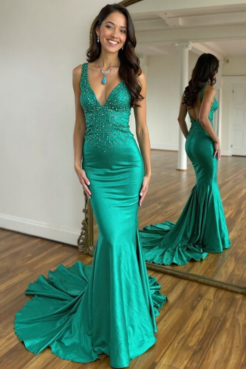 Load image into Gallery viewer, Green V-Neck Mermaid Sparkly Prom Dress with Sequined