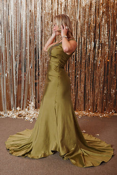 Army Green V-Neck Sweep Train Maxi Prom Dress