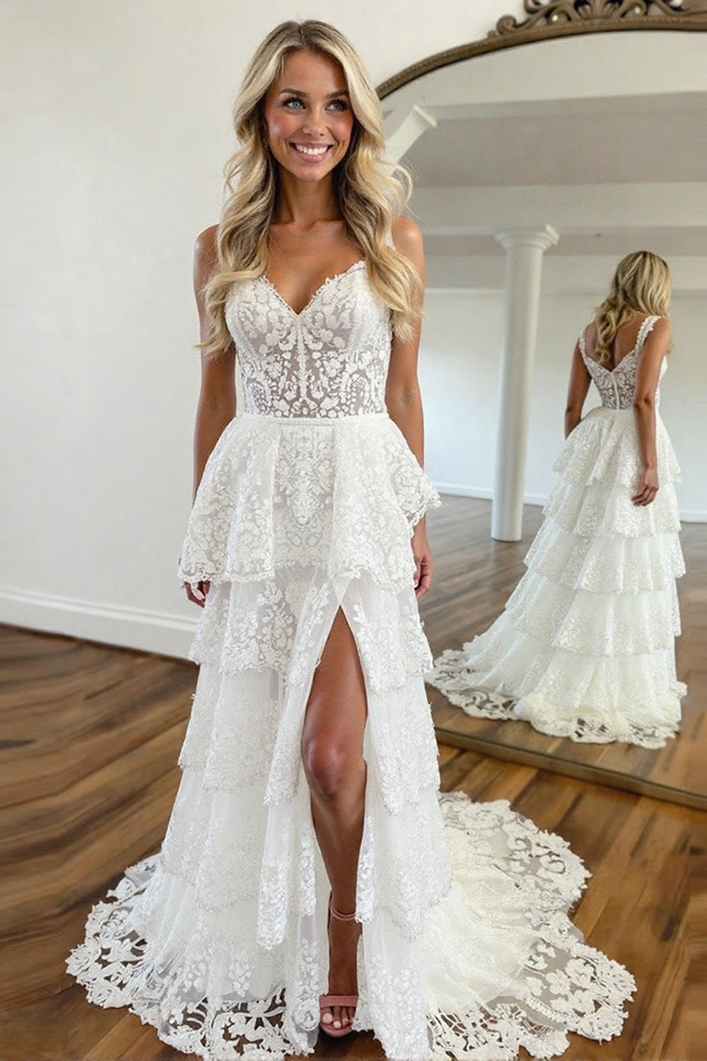 White Lace Corset Tiered Long Prom Dress with Slit