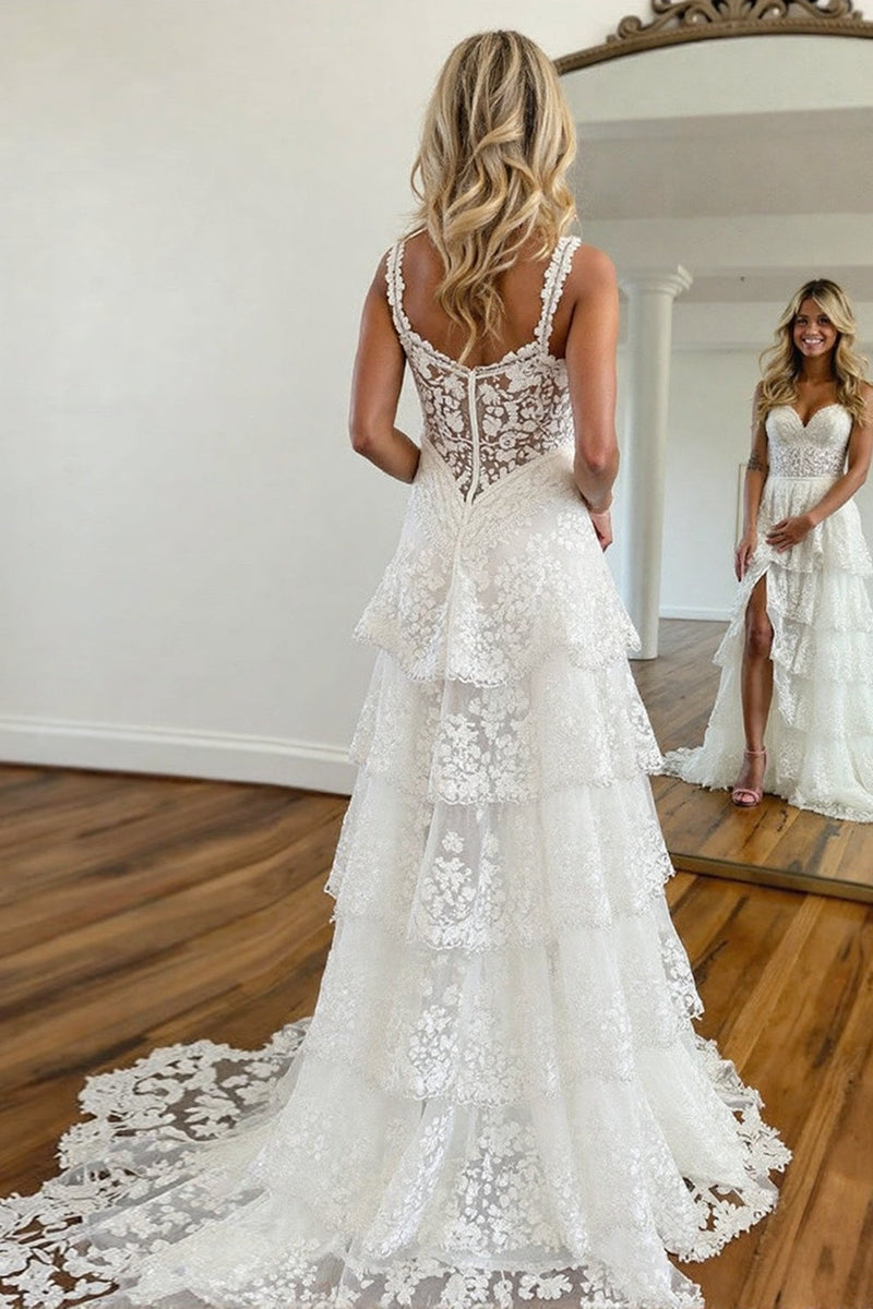 Load image into Gallery viewer, White Lace Corset Tiered Long Prom Dress with Slit