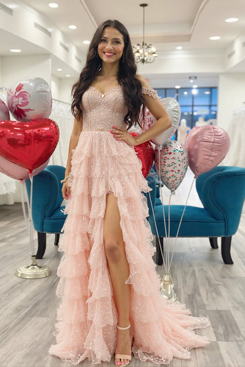 Load image into Gallery viewer, Sparkly Blush Corset Off the Shoulder Prom Dress with Slit