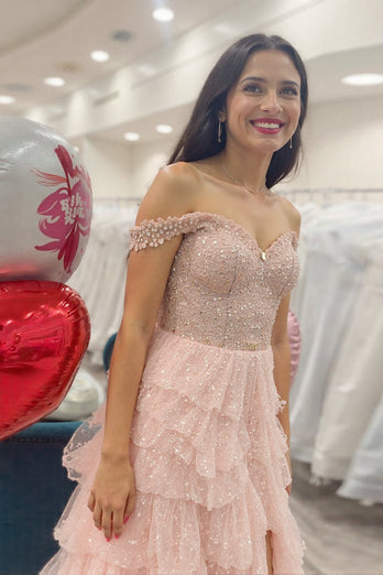 Sparkly Blush Corset Off the Shoulder Prom Dress with Slit