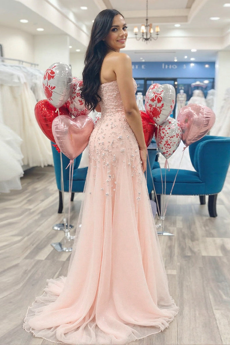 Load image into Gallery viewer, Sparkly Blush Tulle A Line Floor Length Prom Dress with Slit