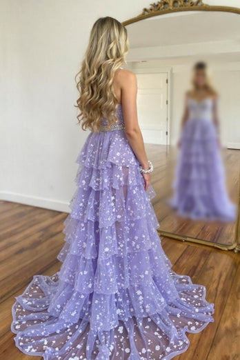 Lilac Spaghetti Straps Tulle Tiered Long Prom Dress