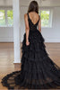 Load image into Gallery viewer, Black Lace Tiered Long Corset Prom Dress with Slit