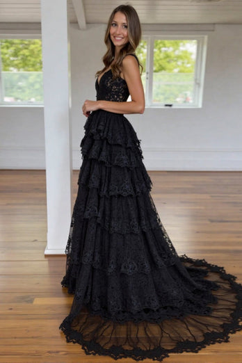 Black Lace Tiered Long Corset Prom Dress with Slit