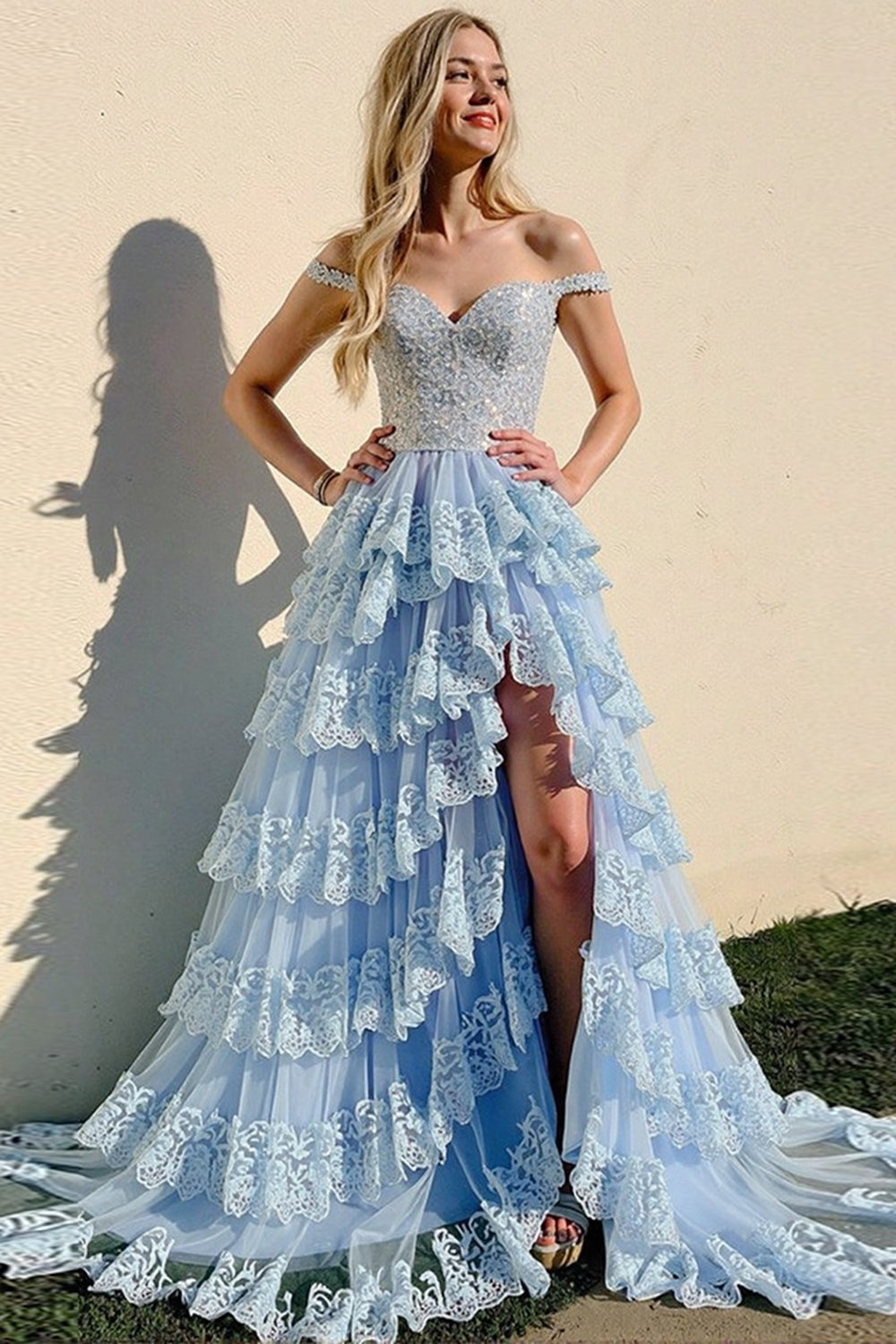 Sky Blue Sparkly Off the Shoulder Tiered Prom Dress with Lace