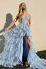 Load image into Gallery viewer, Sky Blue Sparkly Off the Shoulder Tiered Prom Dress with Lace