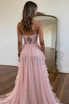 Blush A Line Chiffon Strapless Corset Prom Dress with Beading