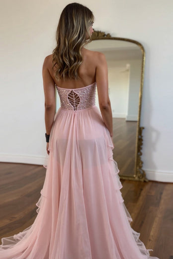 Blush A Line Chiffon Strapless Corset Prom Dress with Beading