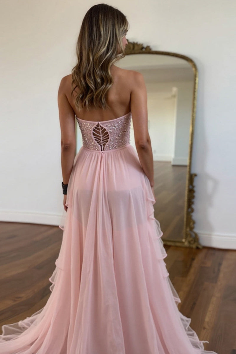 Load image into Gallery viewer, Blush A Line Chiffon Strapless Corset Prom Dress with Beading